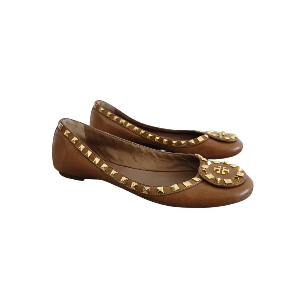 Tory Burch Royal Tan  & Gold Studded Leather Dale Ballet Flats Size Size 7.5M